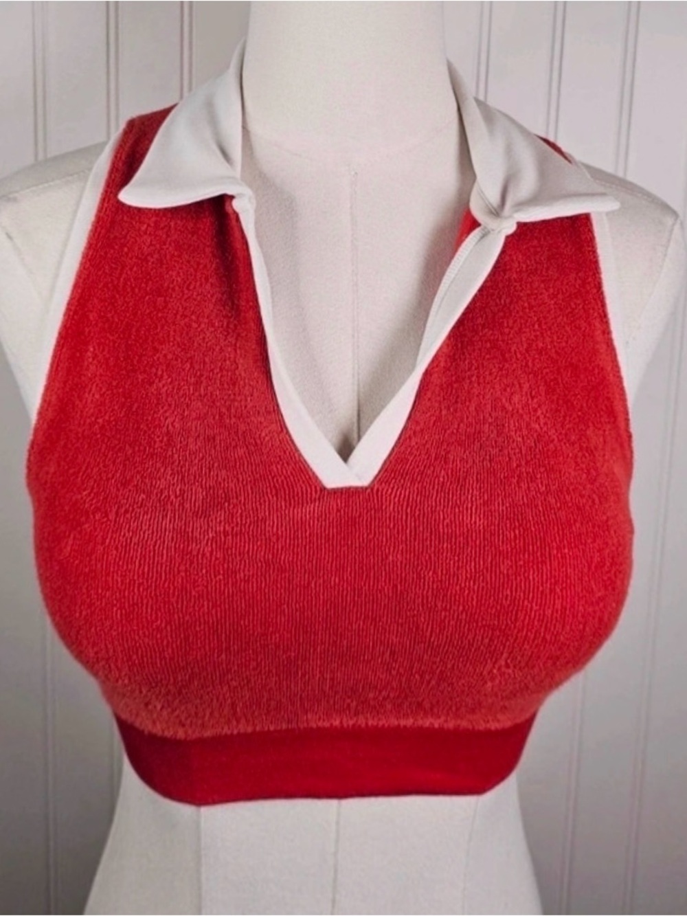 aerie Red Terry-Knit Cropped Polo Tank with White Collar